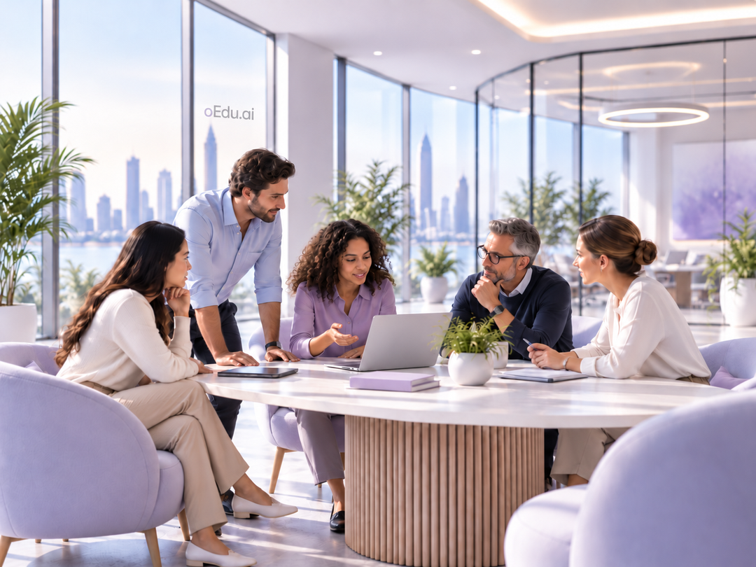 Illustration of the oEdu.ai team working together at a meeting table
